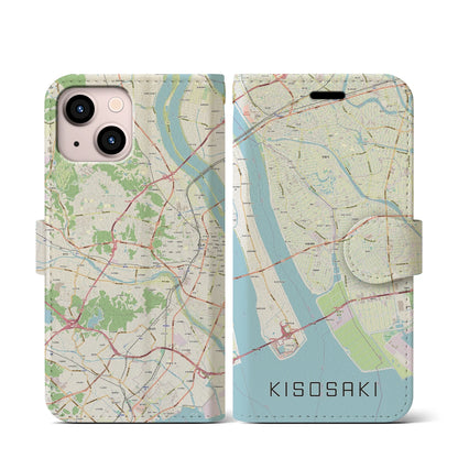 【木曽岬（三重県）】地図柄iPhoneケース（手帳タイプ）ナチュラル・iPhone 13 mini 用