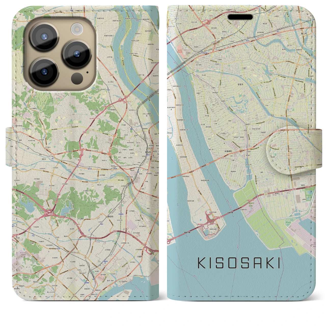 【木曽岬】地図柄iPhoneケース（手帳両面タイプ・ナチュラル）iPhone 14 Pro Max 用