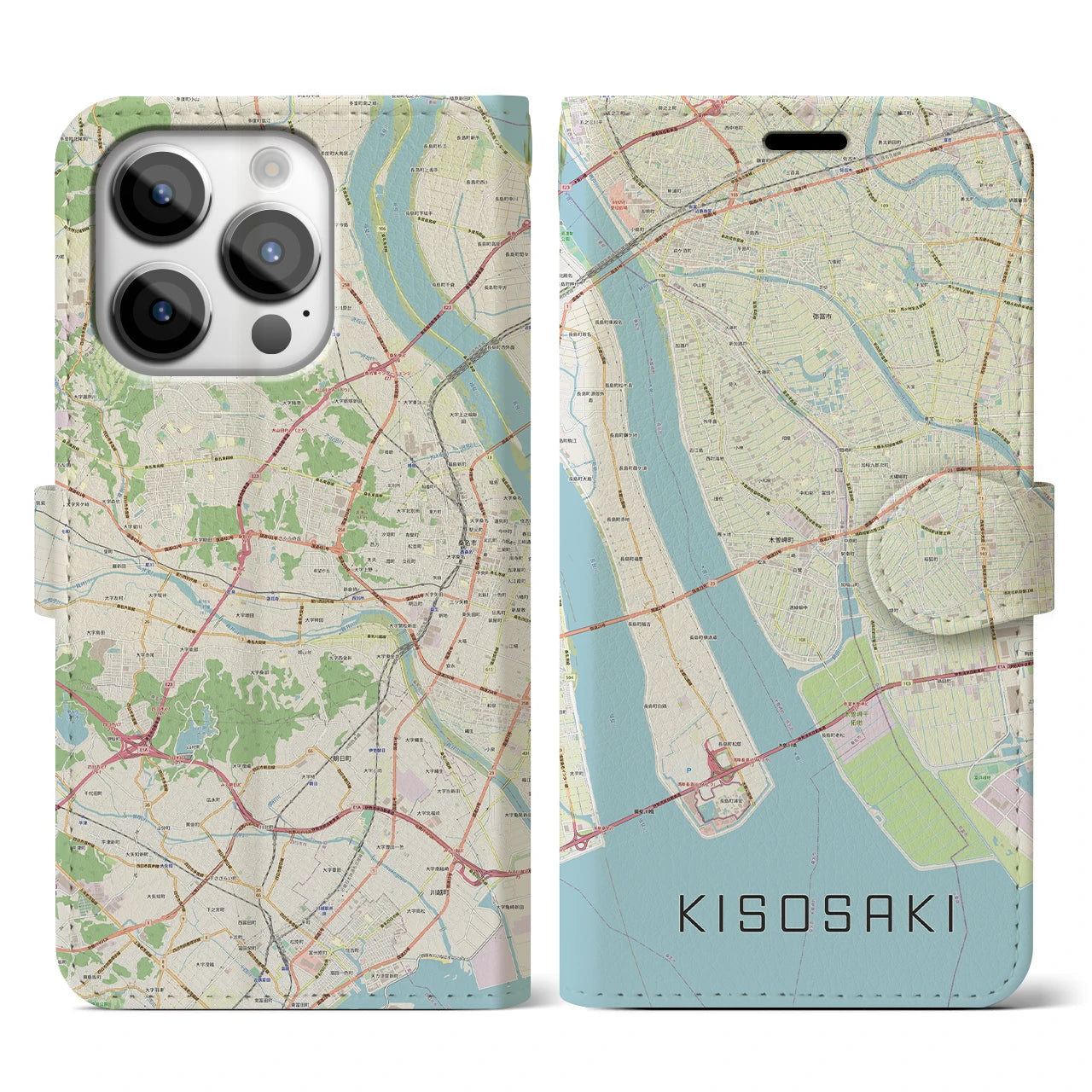 【木曽岬】地図柄iPhoneケース（手帳両面タイプ・ナチュラル）iPhone 14 Pro 用