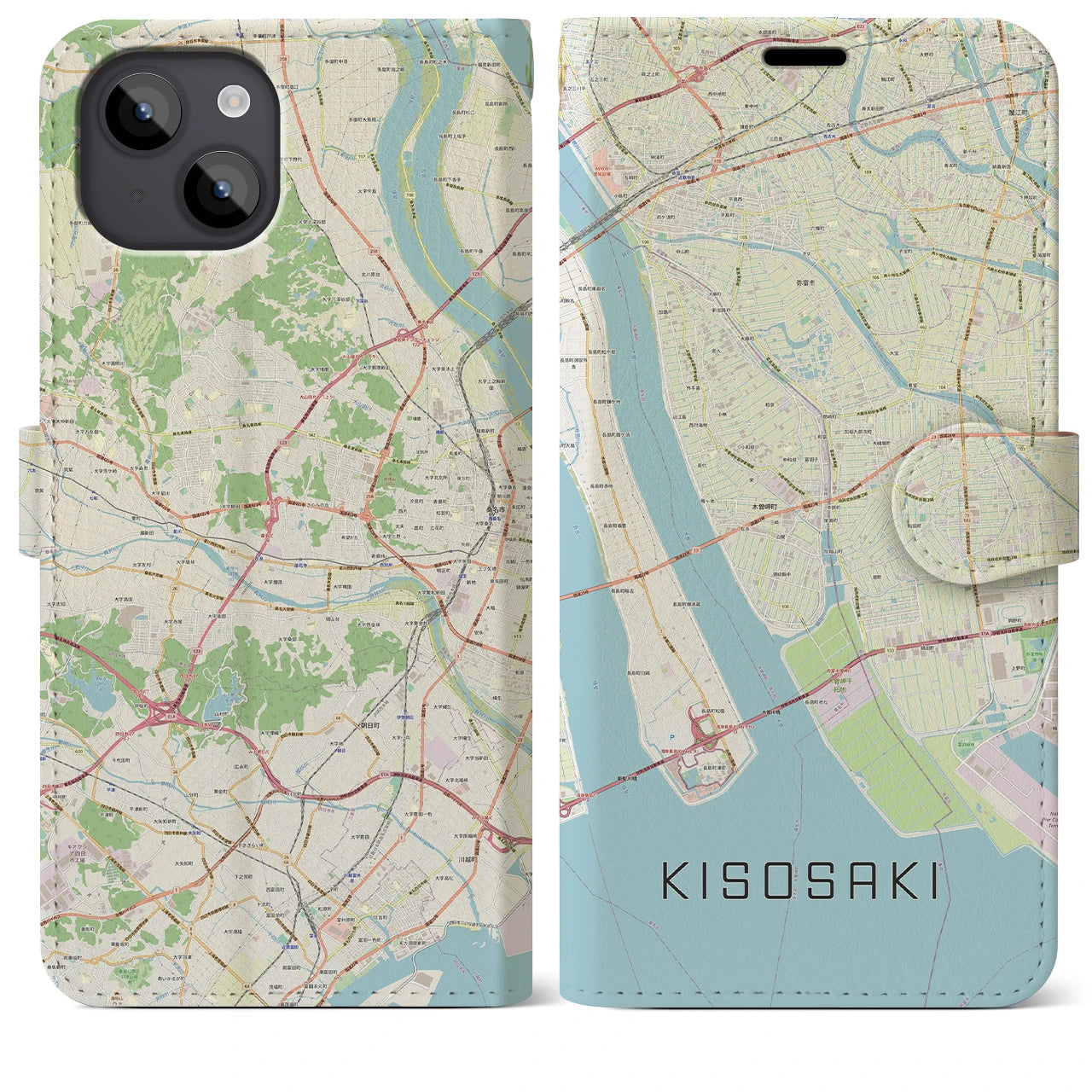 【木曽岬】地図柄iPhoneケース（手帳両面タイプ・ナチュラル）iPhone 14 Plus 用