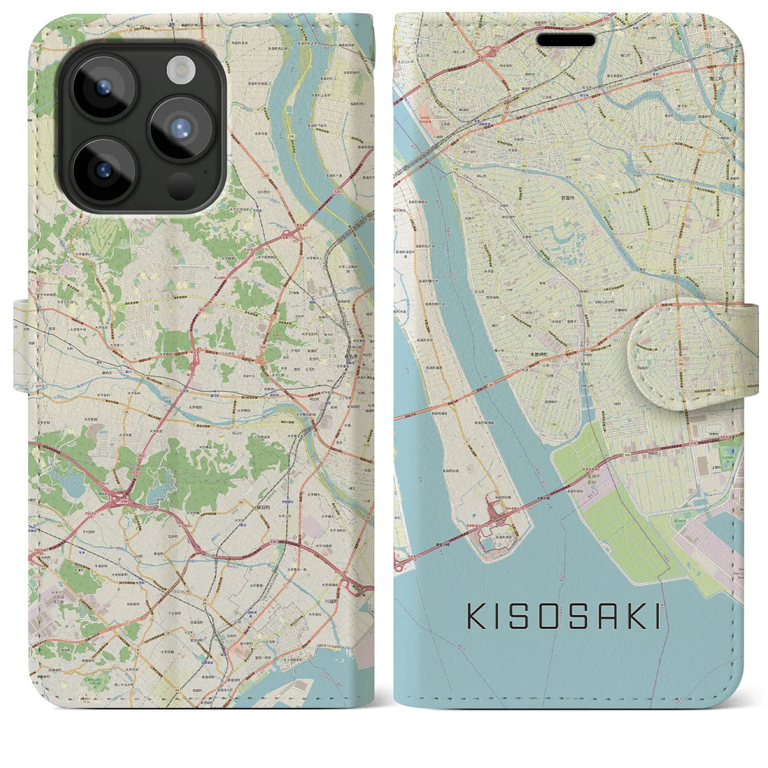 【木曽岬】地図柄iPhoneケース（手帳両面タイプ・ナチュラル）iPhone 15 Pro Max 用