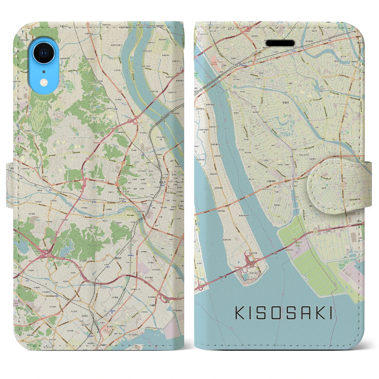 【木曽岬】地図柄iPhoneケース（手帳両面タイプ・ナチュラル）iPhone XR 用