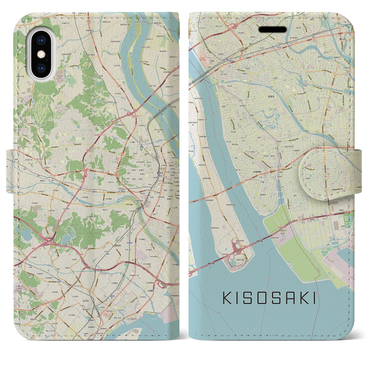 【木曽岬】地図柄iPhoneケース（手帳両面タイプ・ナチュラル）iPhone XS Max 用