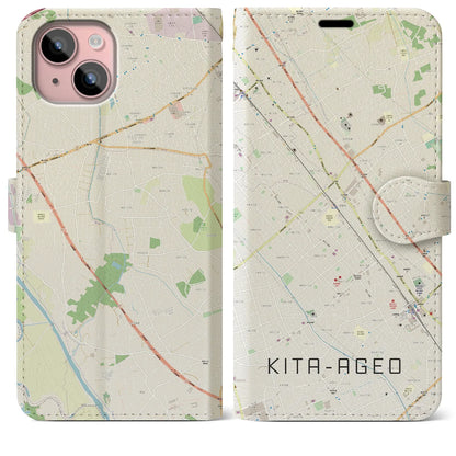 【北上尾（埼玉県）】地図柄iPhoneケース（手帳タイプ）ナチュラル・iPhone 15 Plus 用
