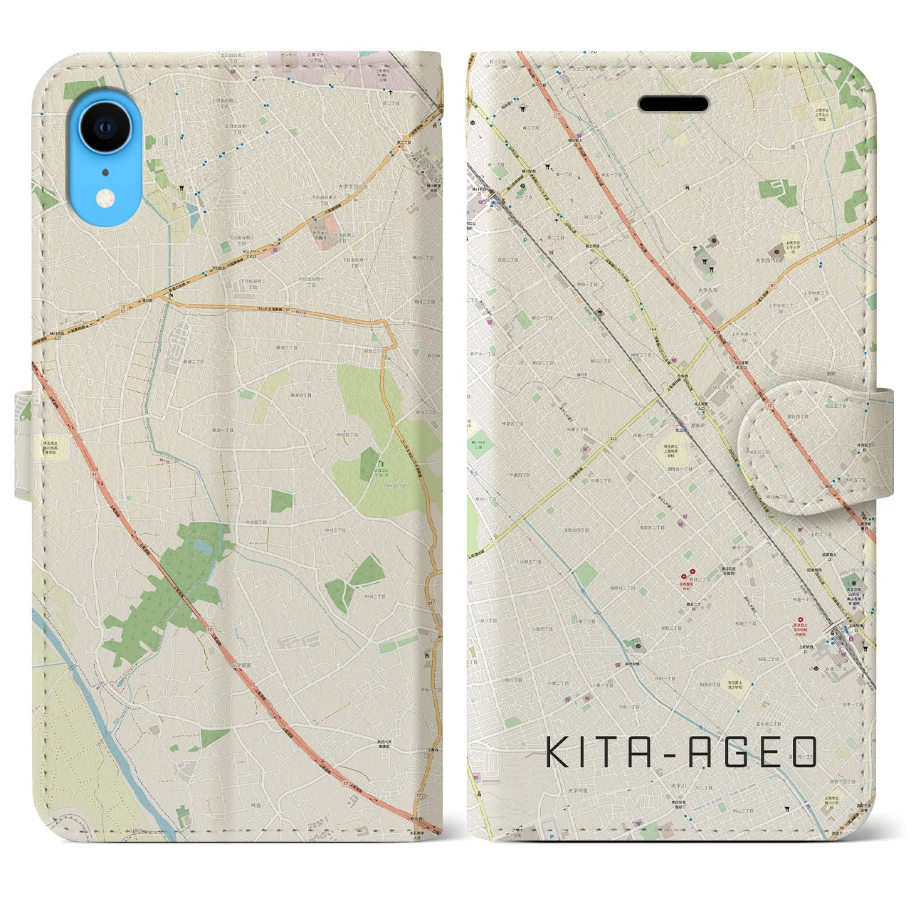 【北上尾】地図柄iPhoneケース（手帳両面タイプ・ナチュラル）iPhone XR 用