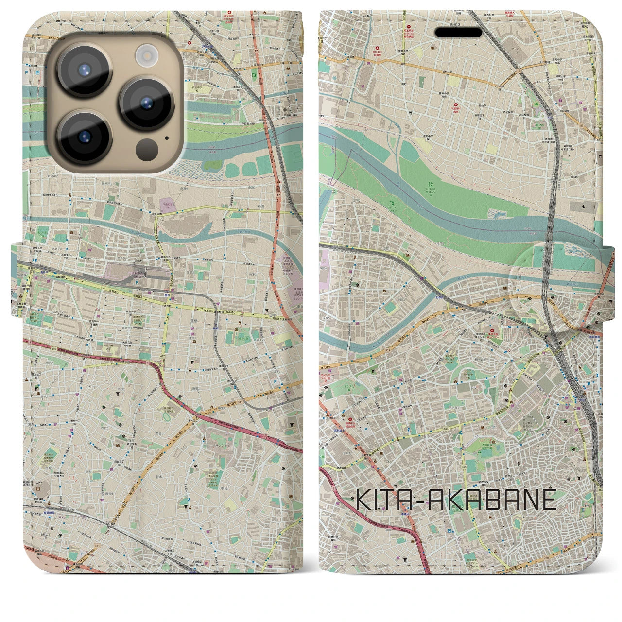 【北赤羽】地図柄iPhoneケース（手帳両面タイプ・ナチュラル）iPhone 14 Pro Max 用