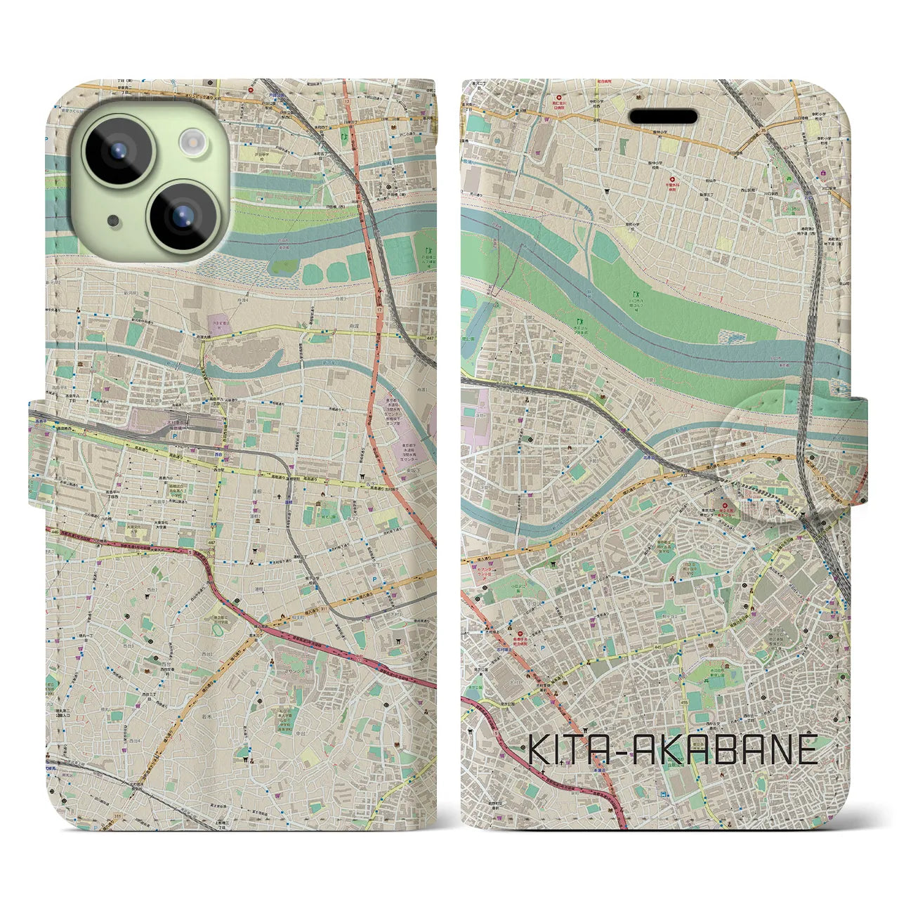 【北赤羽】地図柄iPhoneケース（手帳両面タイプ・ナチュラル）iPhone 15 用