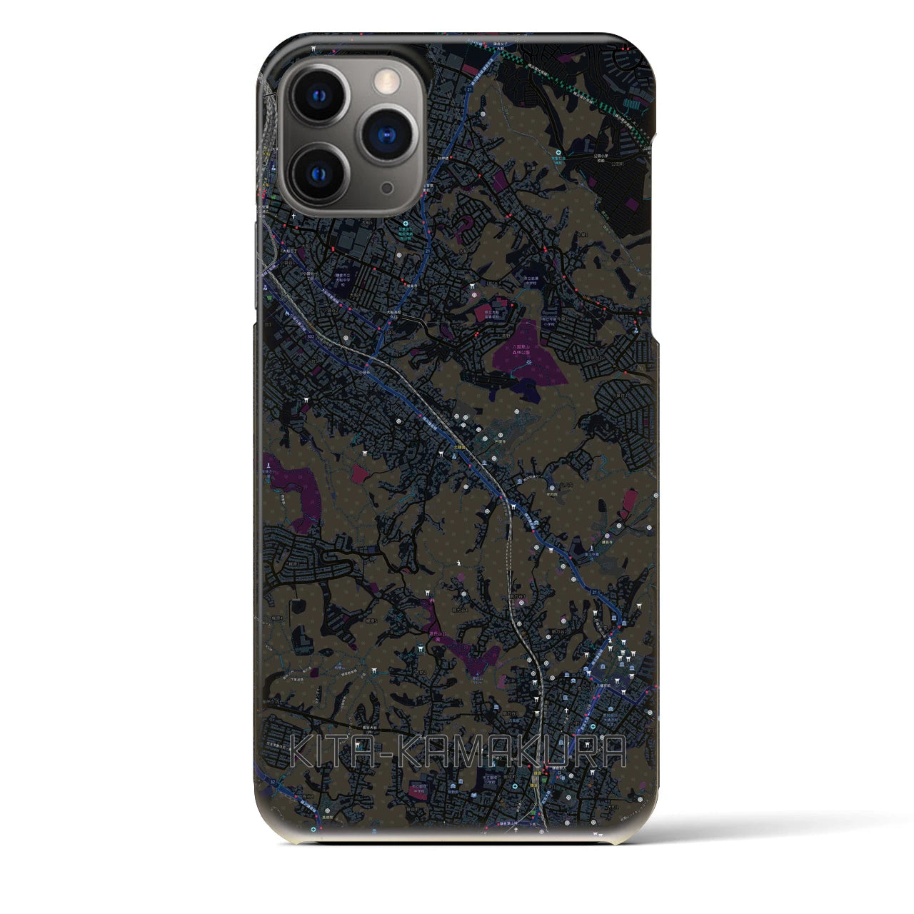 【北鎌倉】地図柄iPhoneケース（バックカバータイプ・ブラック）iPhone 11 Pro Max 用