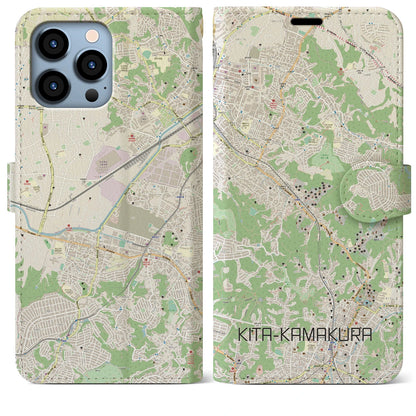 【北鎌倉（神奈川県）】地図柄iPhoneケース（手帳タイプ）ナチュラル・iPhone 13 Pro Max 用
