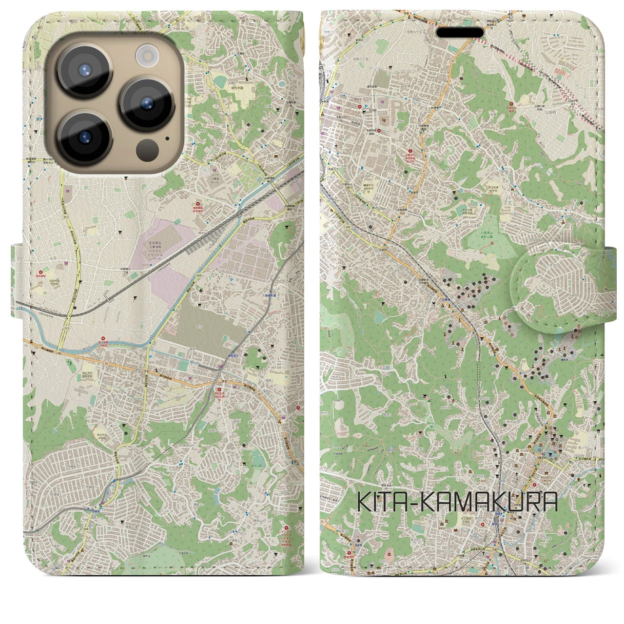 【北鎌倉】地図柄iPhoneケース（手帳両面タイプ・ナチュラル）iPhone 14 Pro Max 用