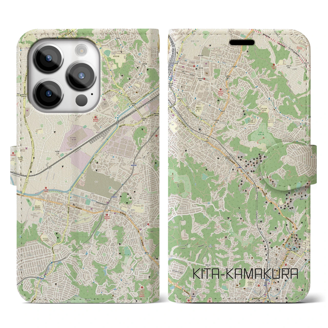 【北鎌倉】地図柄iPhoneケース（手帳両面タイプ・ナチュラル）iPhone 14 Pro 用