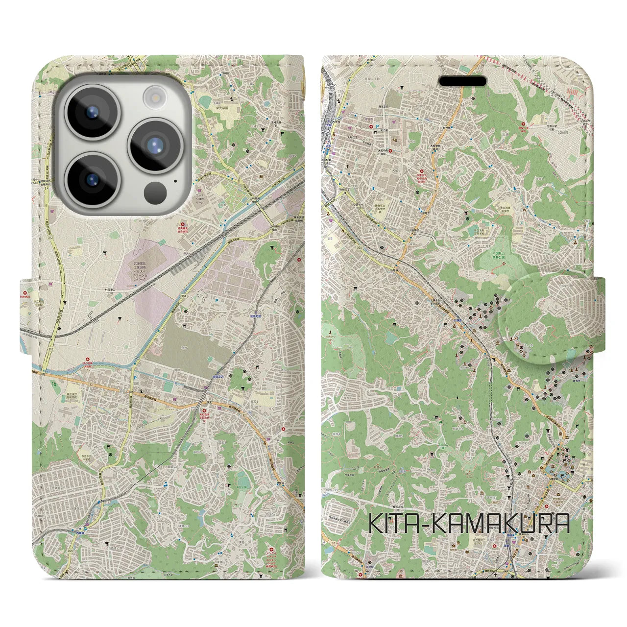【北鎌倉】地図柄iPhoneケース（手帳両面タイプ・ナチュラル）iPhone 15 Pro 用