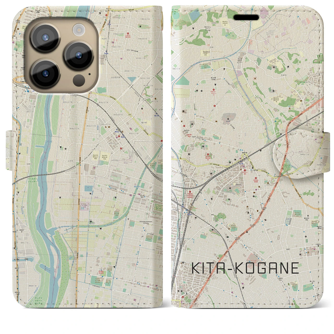 【北小金】地図柄iPhoneケース（手帳両面タイプ・ナチュラル）iPhone 14 Pro Max 用