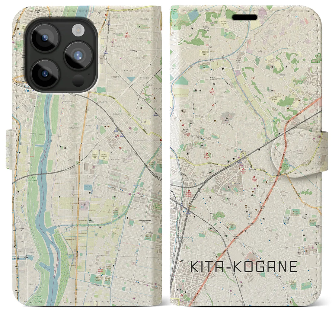 【北小金】地図柄iPhoneケース（手帳両面タイプ・ナチュラル）iPhone 15 Pro Max 用