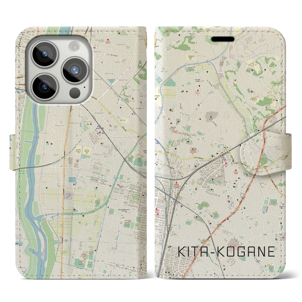 【北小金】地図柄iPhoneケース（手帳両面タイプ・ナチュラル）iPhone 15 Pro 用