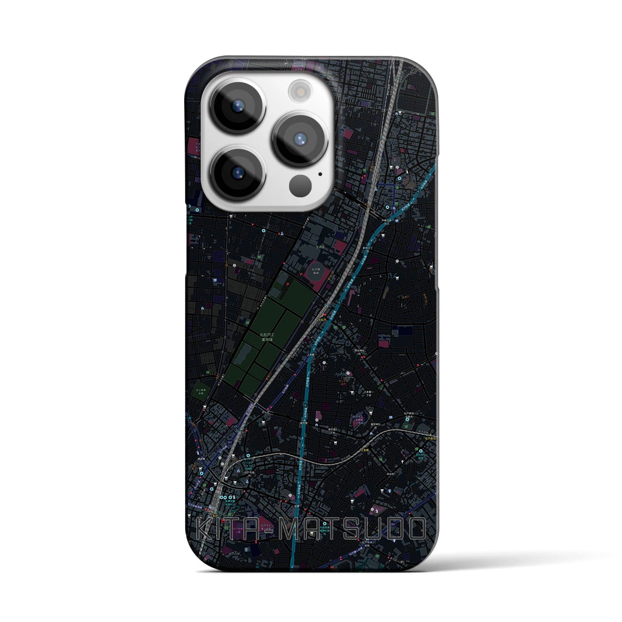 【北松戸】地図柄iPhoneケース（バックカバータイプ・ブラック）iPhone 14 Pro 用
