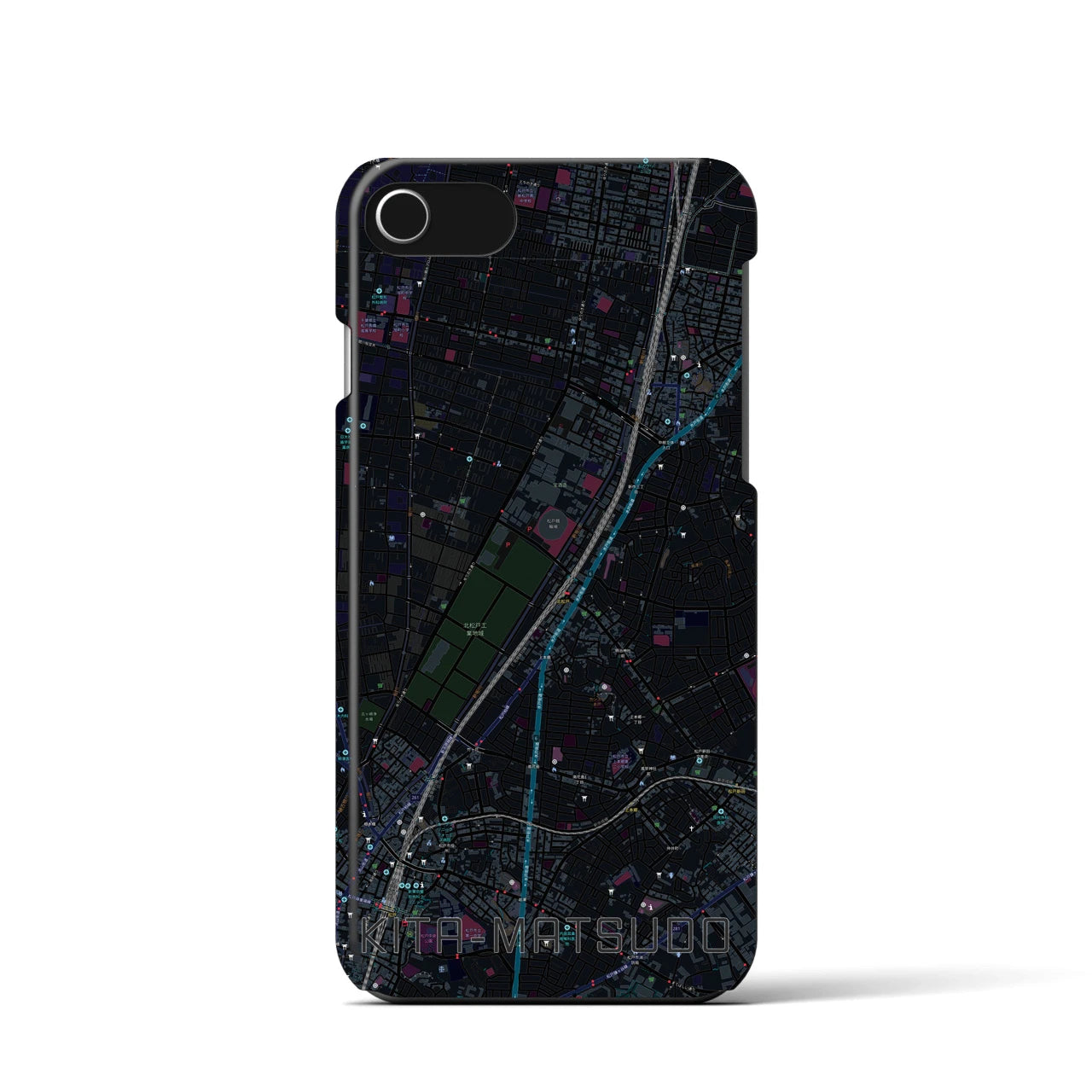 【北松戸】地図柄iPhoneケース（バックカバータイプ・ブラック）iPhone SE（第3 / 第2世代） / 8 / 7 / 6s / 6 用