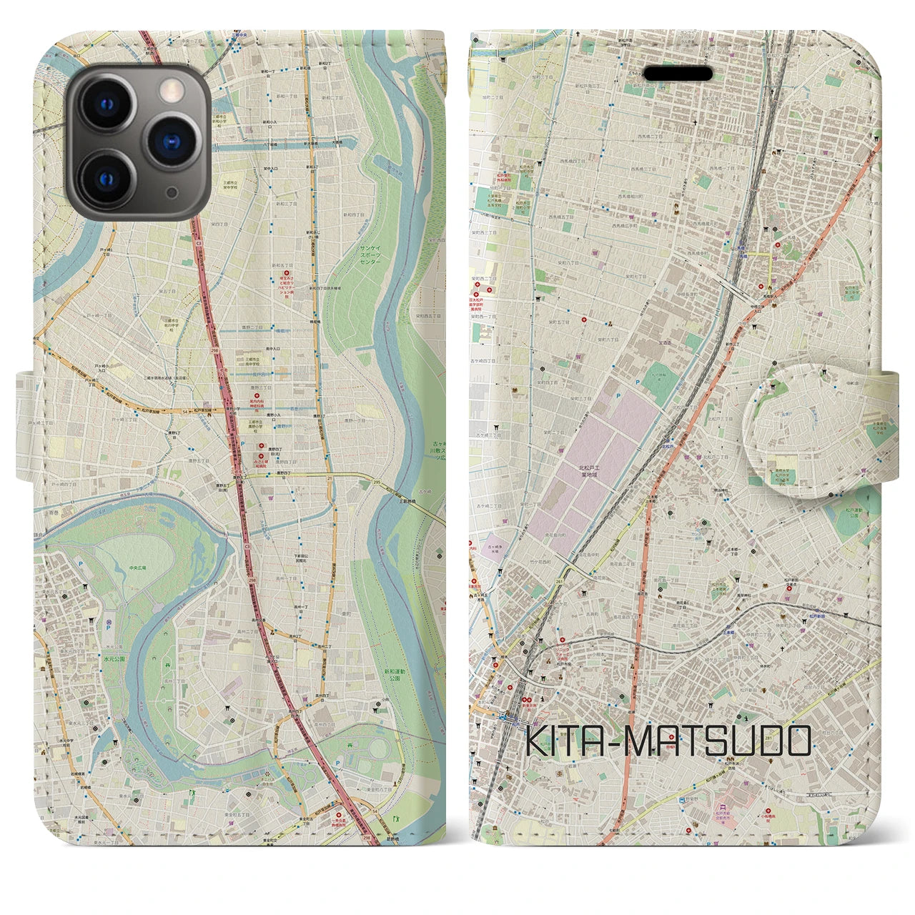 【北松戸】地図柄iPhoneケース（手帳両面タイプ・ナチュラル）iPhone 11 Pro Max 用