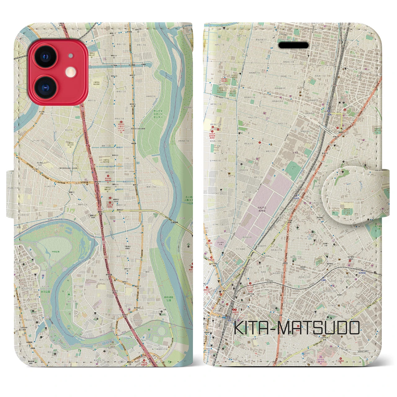 【北松戸】地図柄iPhoneケース（手帳両面タイプ・ナチュラル）iPhone 11 用