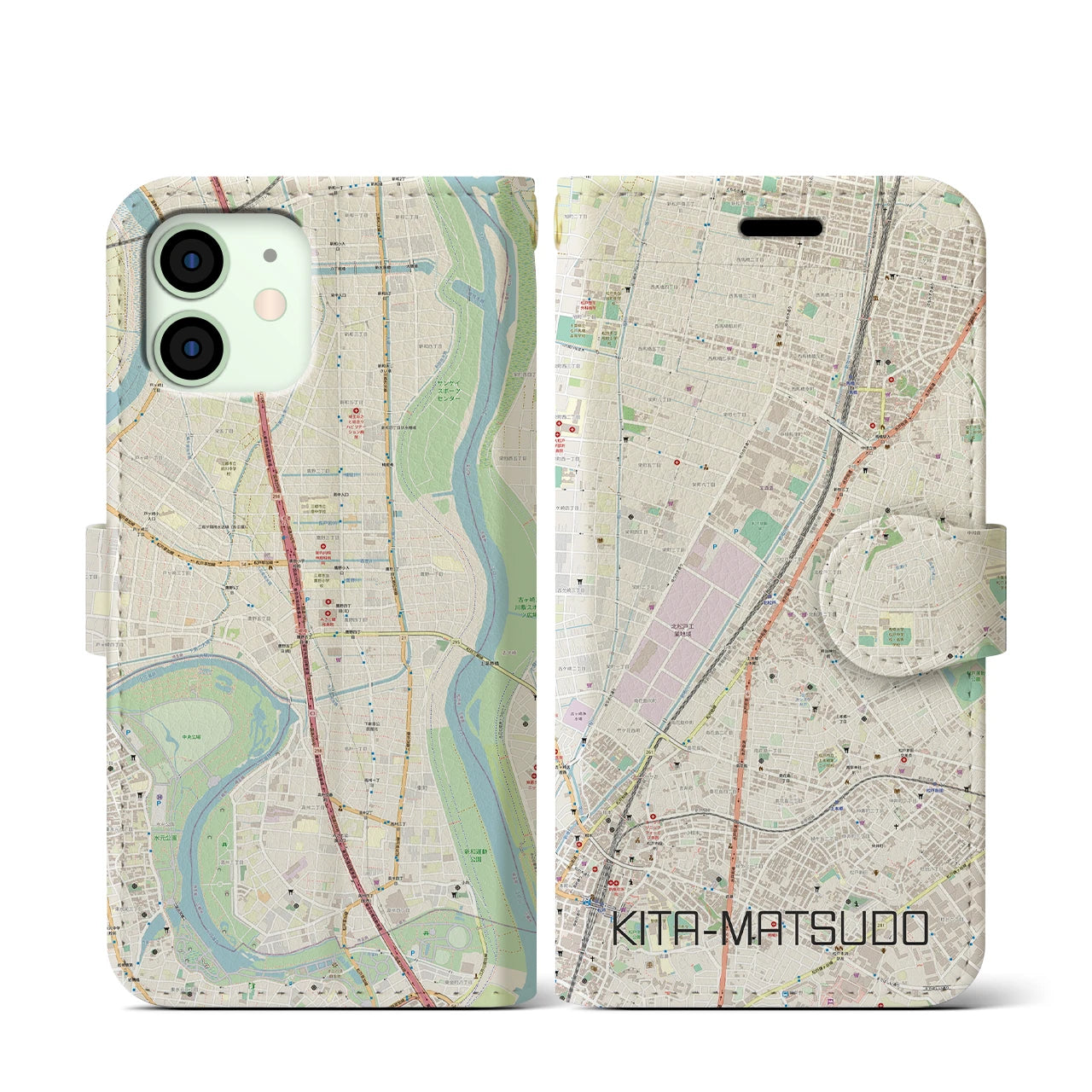 【北松戸】地図柄iPhoneケース（手帳両面タイプ・ナチュラル）iPhone 12 mini 用