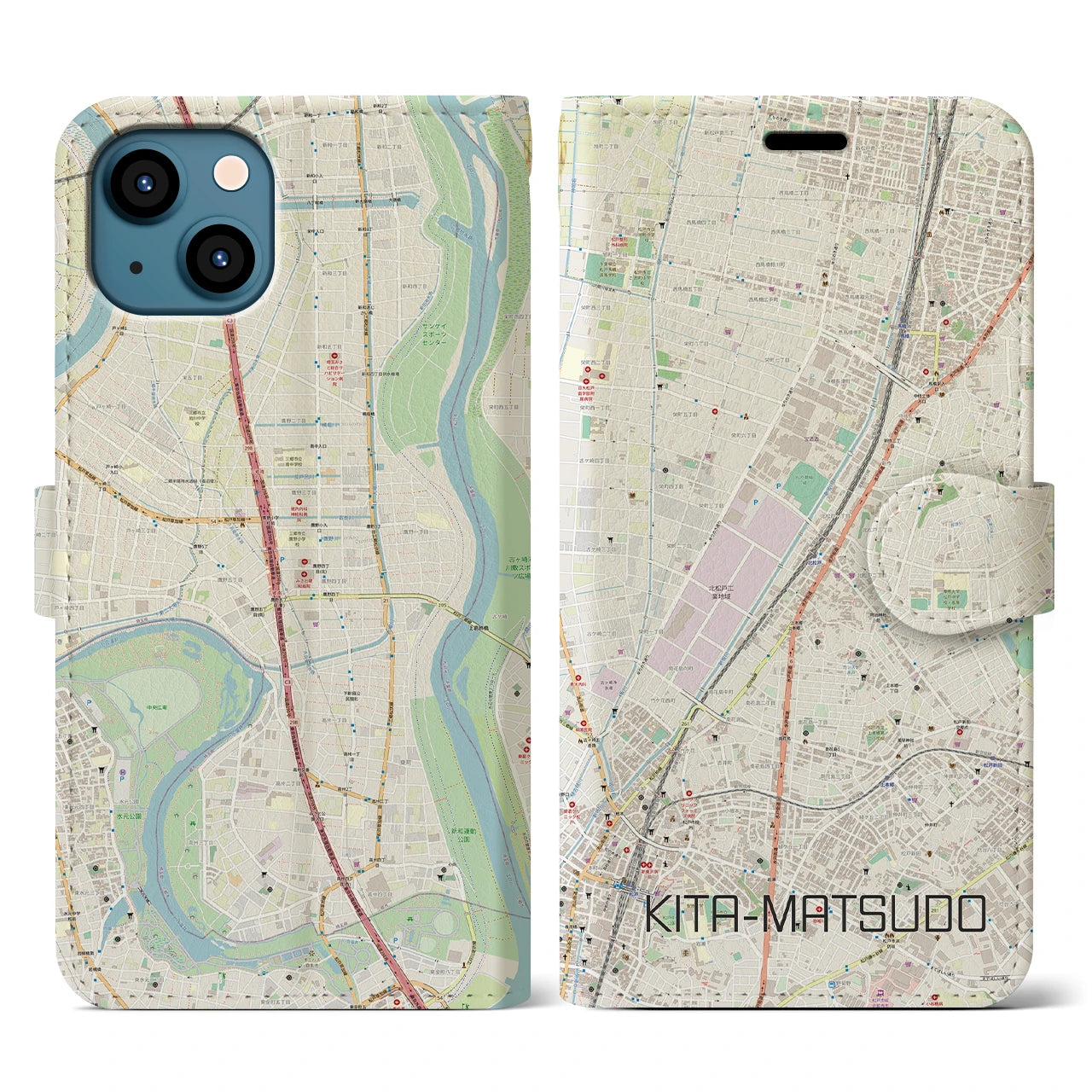 【北松戸】地図柄iPhoneケース（手帳両面タイプ・ナチュラル）iPhone 13 用