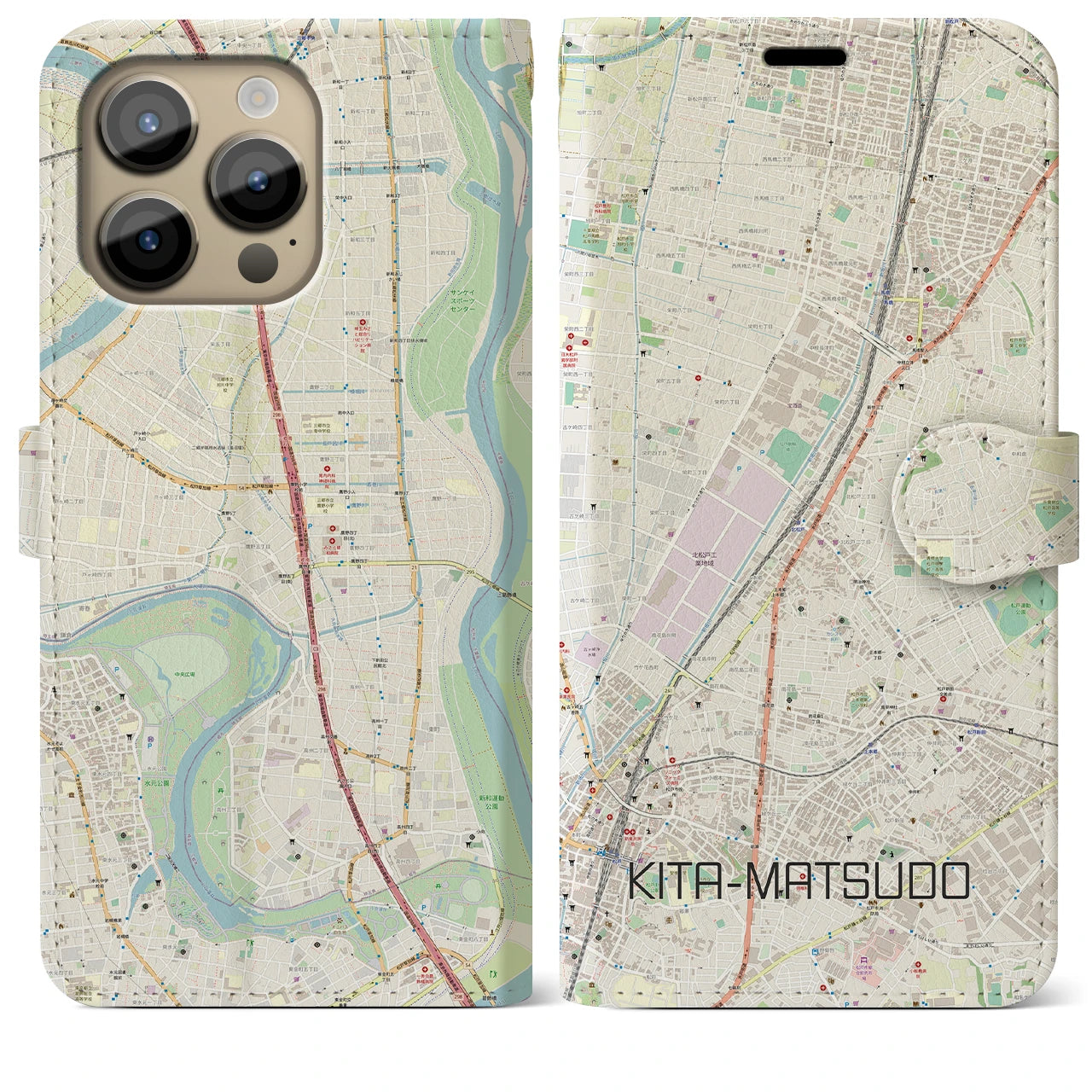 【北松戸】地図柄iPhoneケース（手帳両面タイプ・ナチュラル）iPhone 14 Pro Max 用