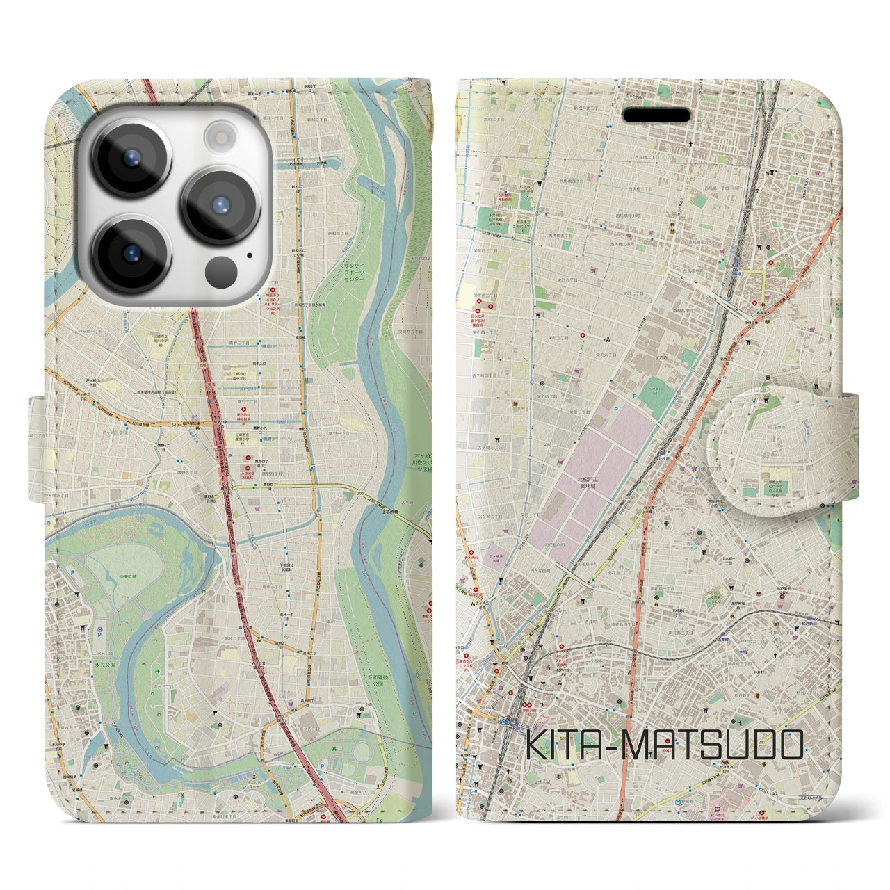 【北松戸】地図柄iPhoneケース（手帳両面タイプ・ナチュラル）iPhone 14 Pro 用