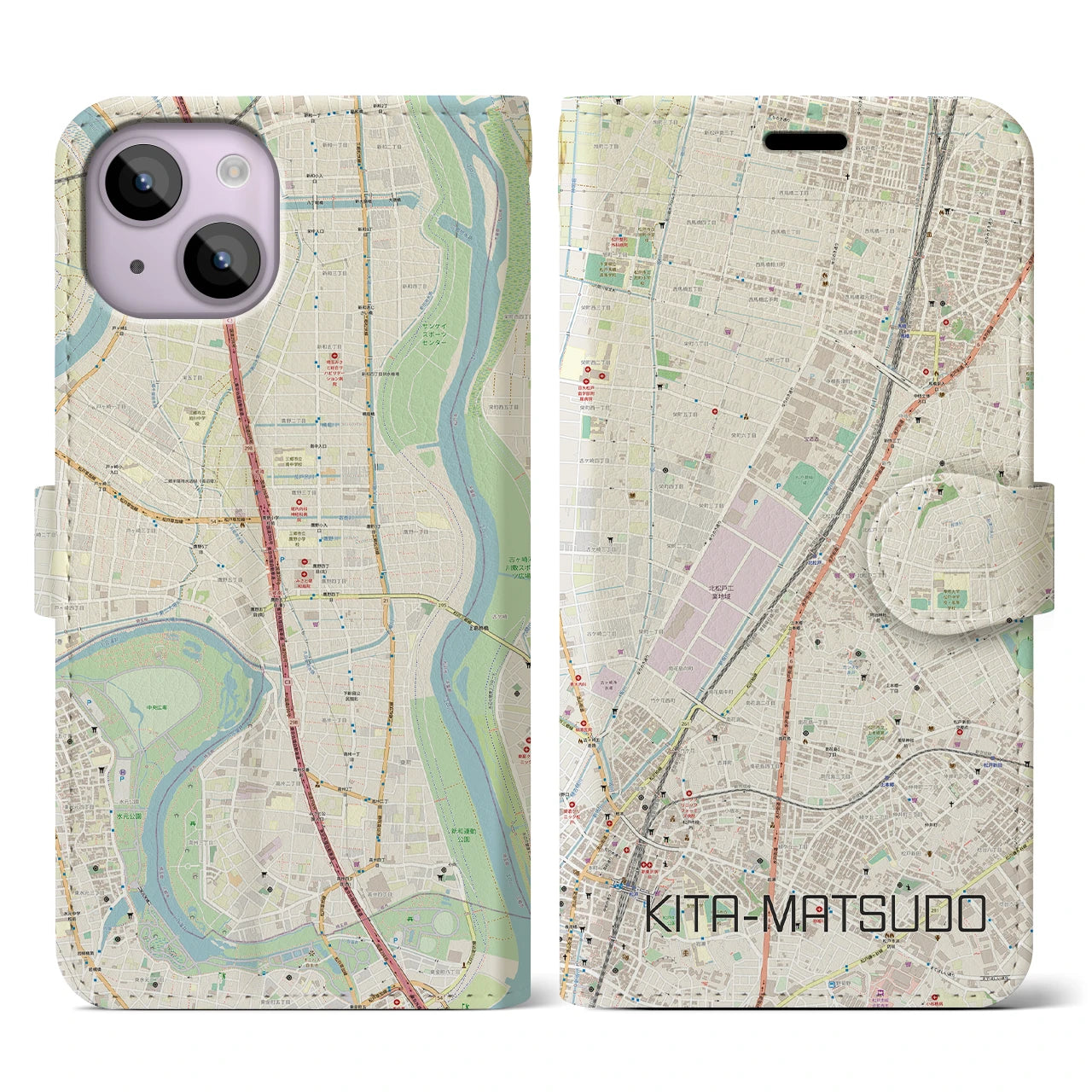 【北松戸】地図柄iPhoneケース（手帳両面タイプ・ナチュラル）iPhone 14 用