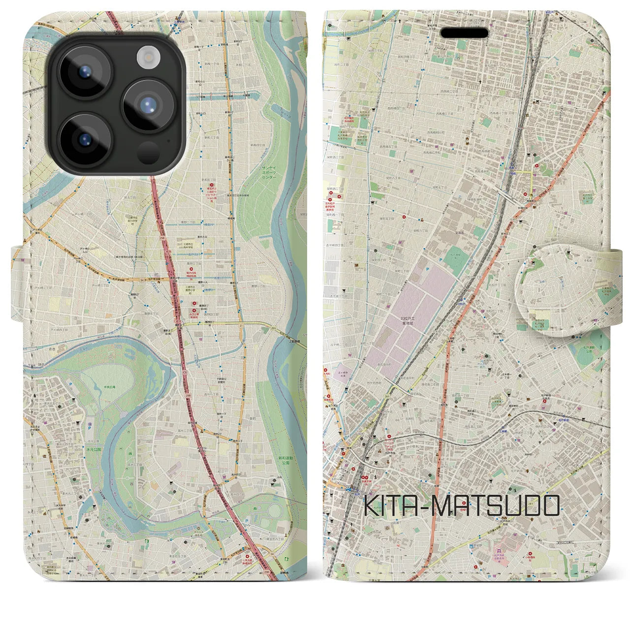 【北松戸】地図柄iPhoneケース（手帳両面タイプ・ナチュラル）iPhone 15 Pro Max 用