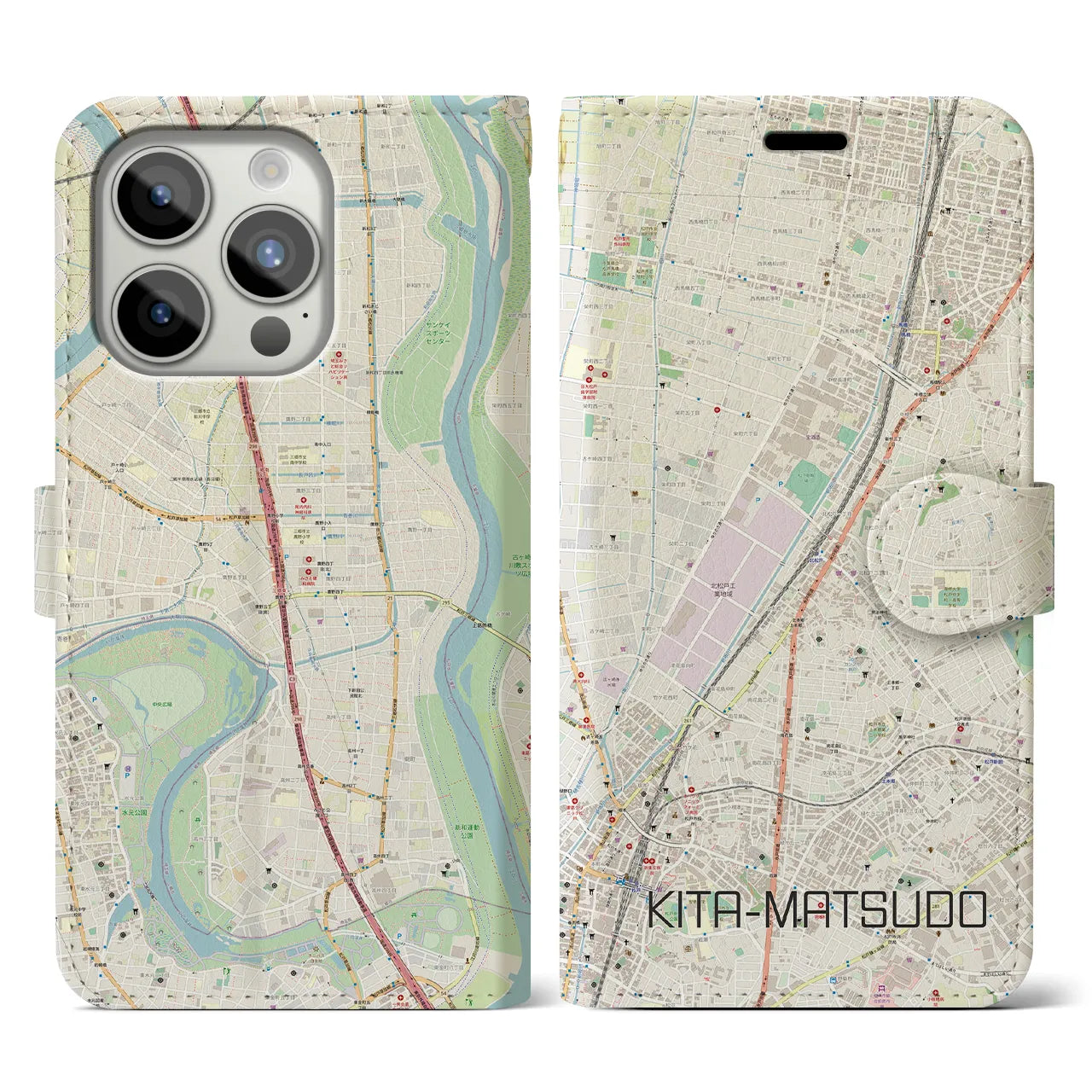 【北松戸】地図柄iPhoneケース（手帳両面タイプ・ナチュラル）iPhone 15 Pro 用