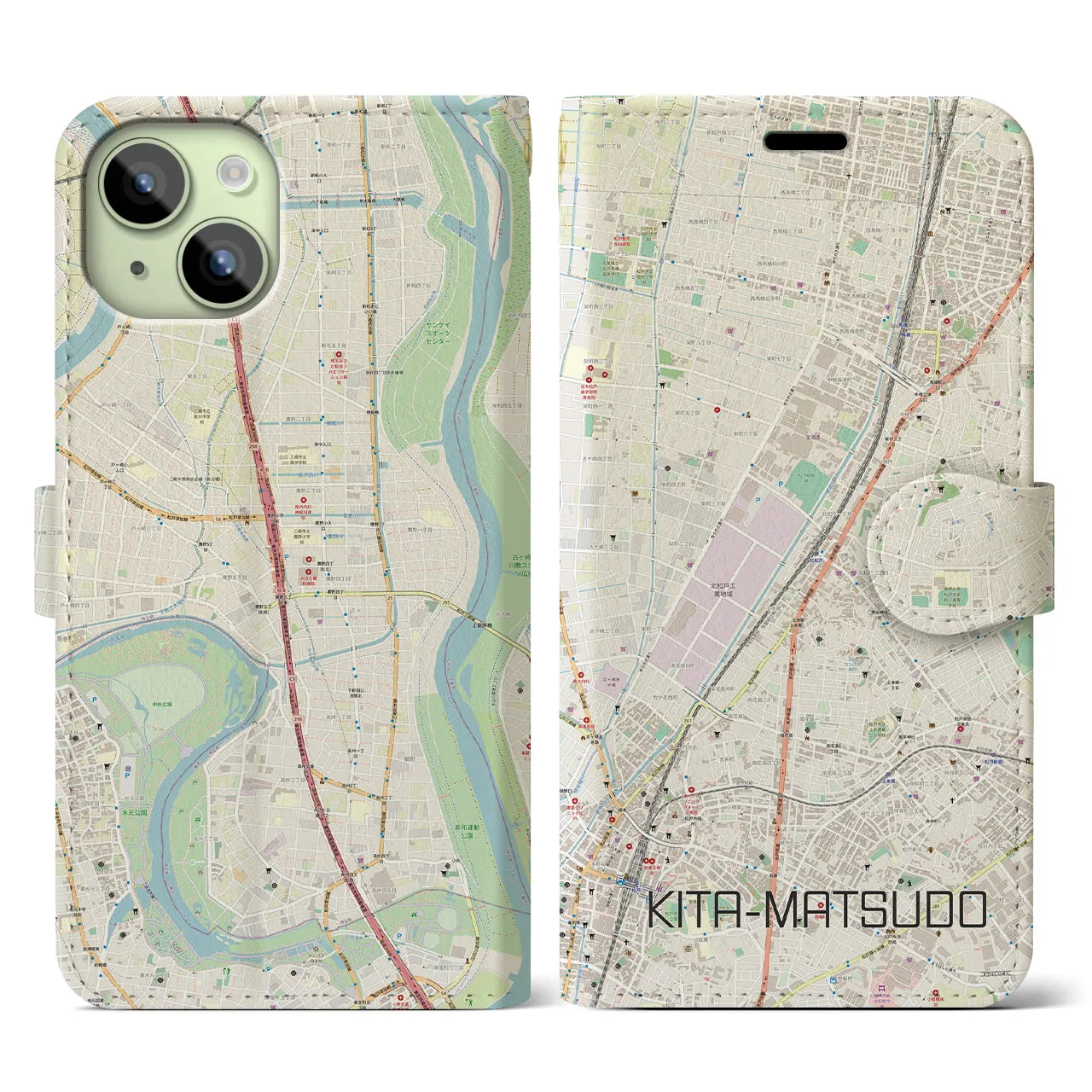 【北松戸】地図柄iPhoneケース（手帳両面タイプ・ナチュラル）iPhone 15 用