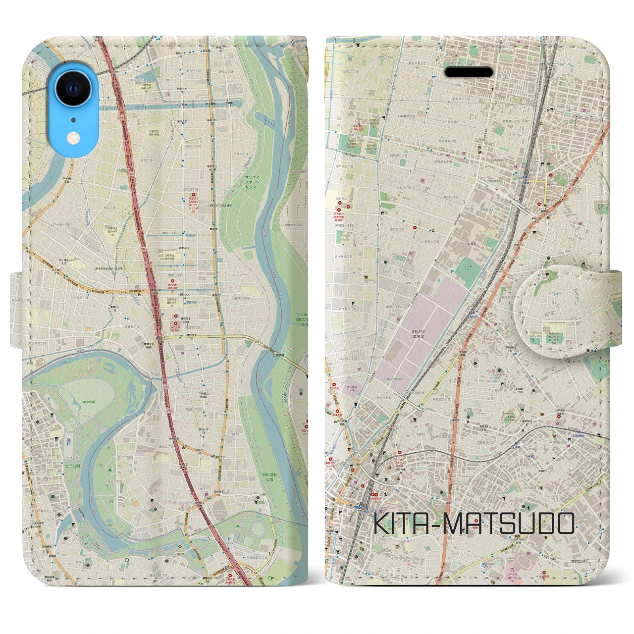【北松戸】地図柄iPhoneケース（手帳両面タイプ・ナチュラル）iPhone XR 用