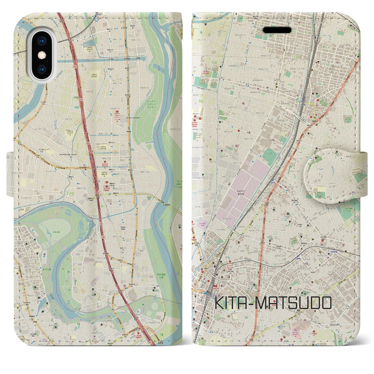 【北松戸】地図柄iPhoneケース（手帳両面タイプ・ナチュラル）iPhone XS Max 用