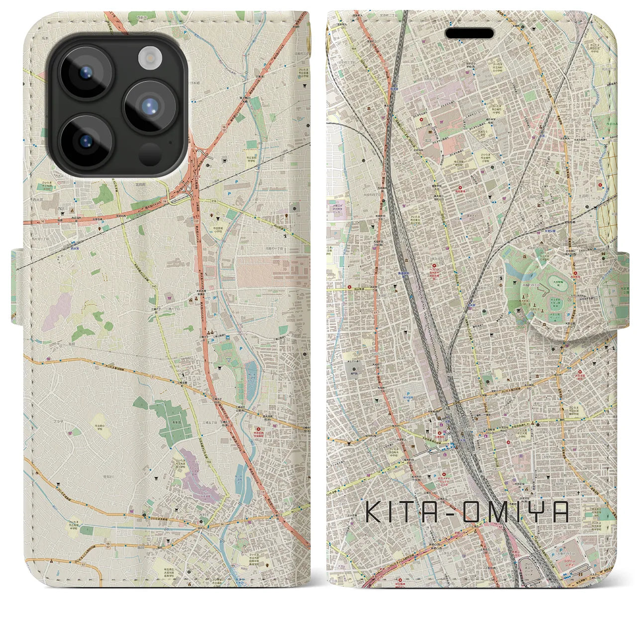 【北大宮】地図柄iPhoneケース（手帳両面タイプ・ナチュラル）iPhone 15 Pro Max 用