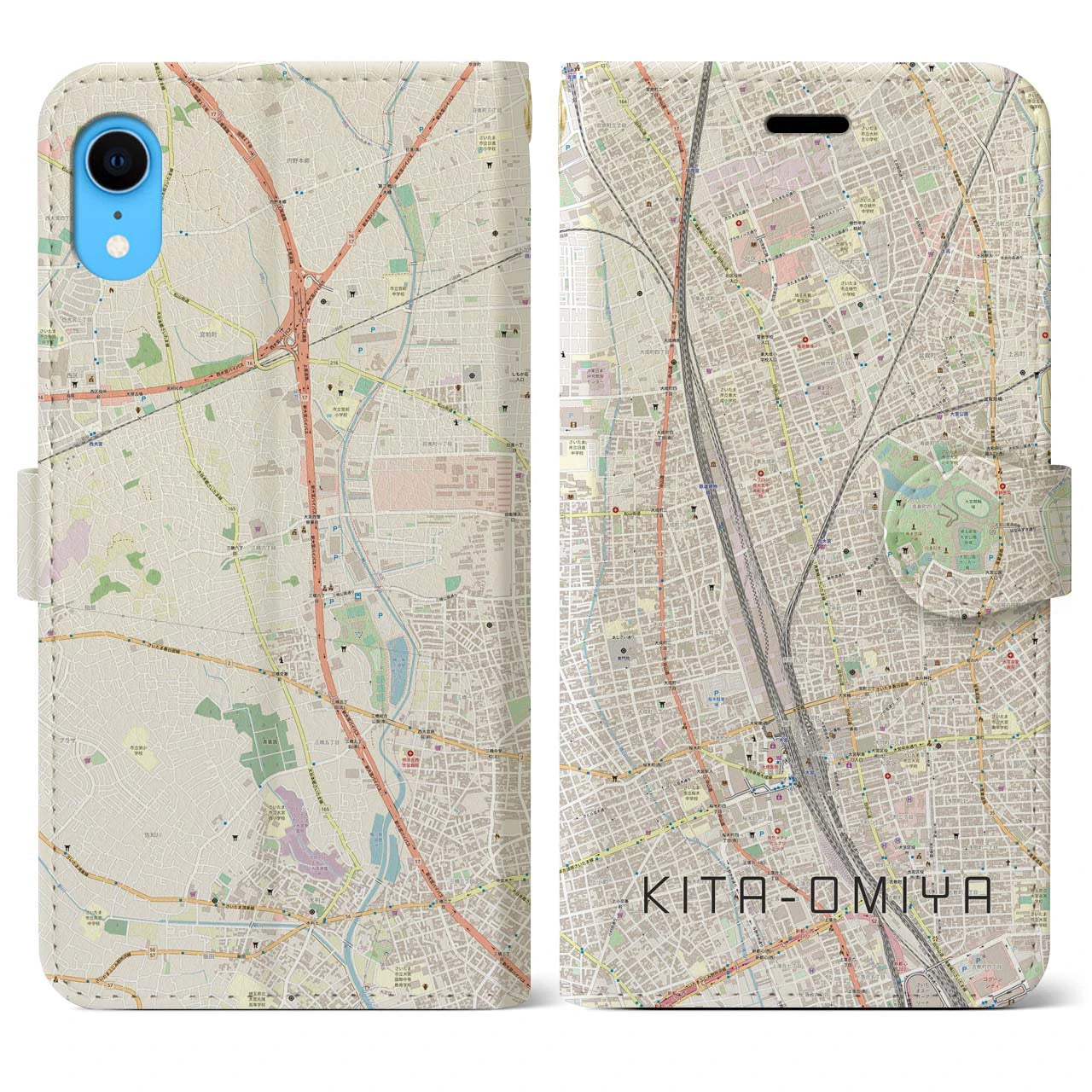 【北大宮】地図柄iPhoneケース（手帳両面タイプ・ナチュラル）iPhone XR 用