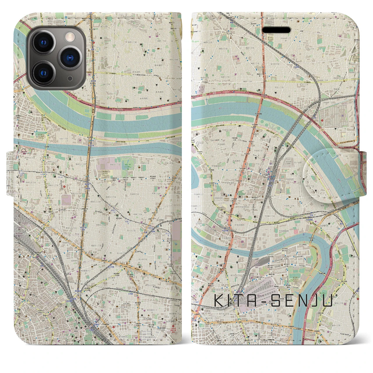 【北千住】地図柄iPhoneケース（手帳両面タイプ・ナチュラル）iPhone 11 Pro Max 用