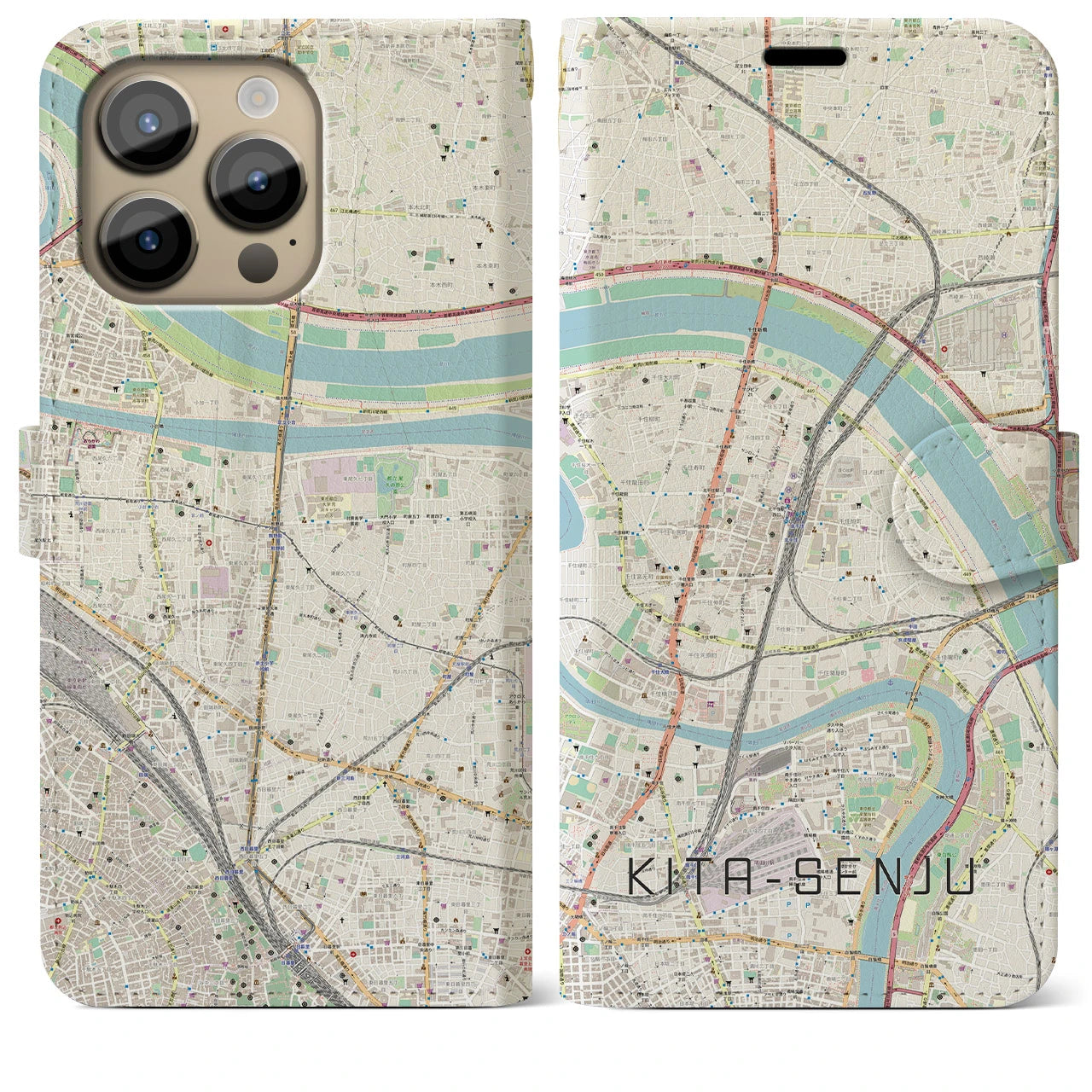 【北千住】地図柄iPhoneケース（手帳両面タイプ・ナチュラル）iPhone 14 Pro Max 用