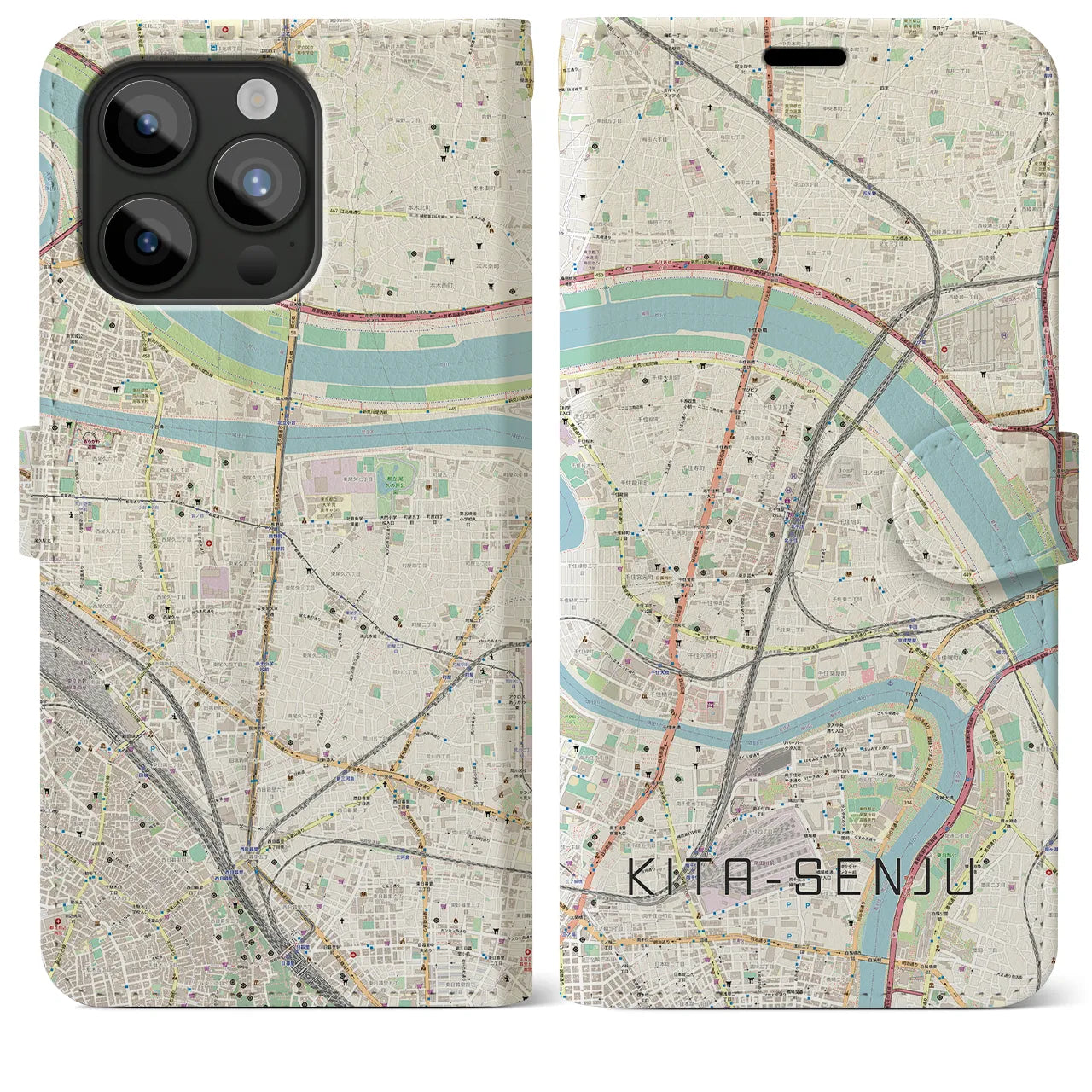 【北千住】地図柄iPhoneケース（手帳両面タイプ・ナチュラル）iPhone 15 Pro Max 用