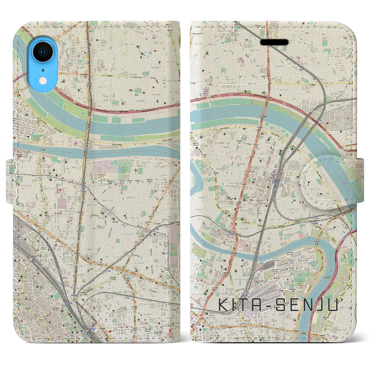 【北千住】地図柄iPhoneケース（手帳両面タイプ・ナチュラル）iPhone XR 用
