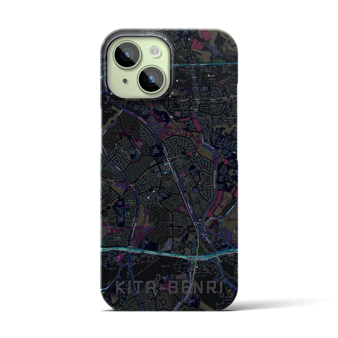 【北千里】地図柄iPhoneケース（バックカバータイプ・ブラック）iPhone 15 用