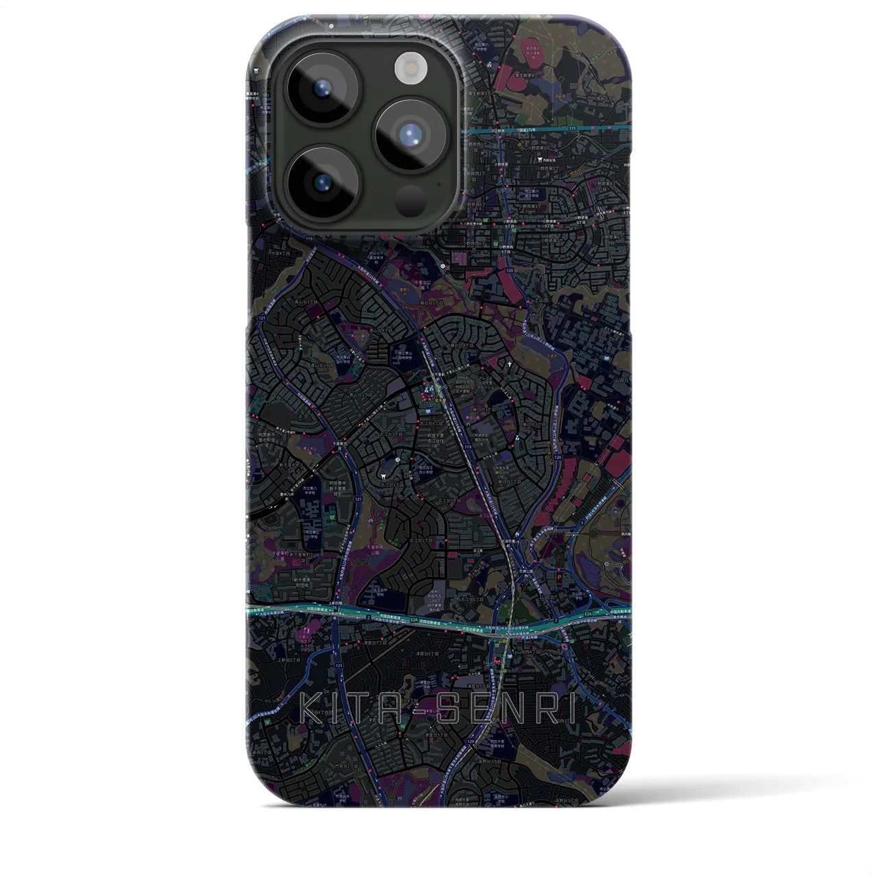 【北千里】地図柄iPhoneケース（バックカバータイプ・ブラック）iPhone 15 Pro Max 用