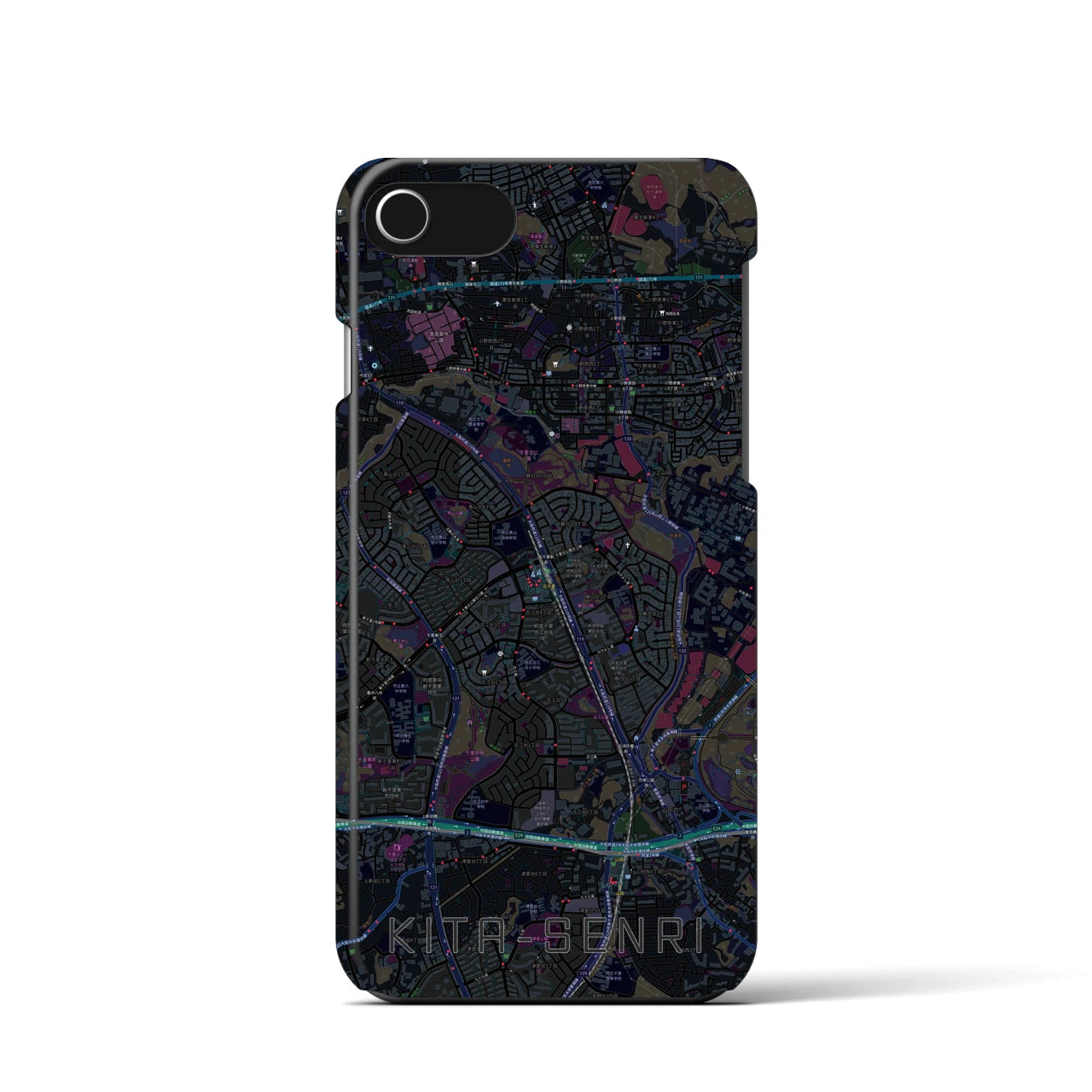 【北千里】地図柄iPhoneケース（バックカバータイプ・ブラック）iPhone SE（第3 / 第2世代） / 8 / 7 / 6s / 6 用