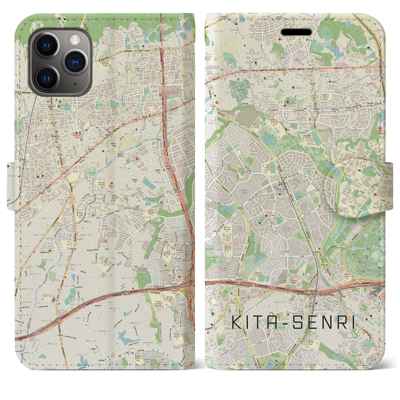 【北千里】地図柄iPhoneケース（手帳両面タイプ・ナチュラル）iPhone 11 Pro Max 用