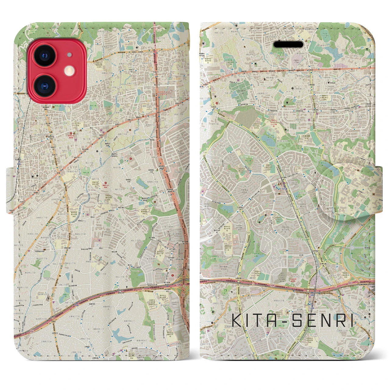 【北千里】地図柄iPhoneケース（手帳両面タイプ・ナチュラル）iPhone 11 用