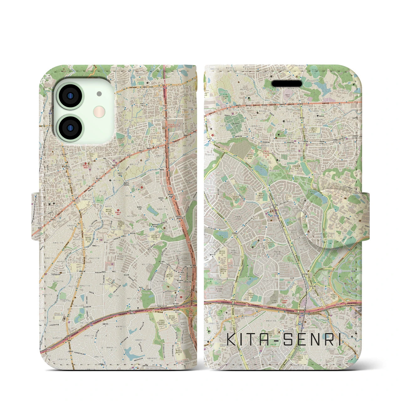 【北千里】地図柄iPhoneケース（手帳両面タイプ・ナチュラル）iPhone 12 mini 用