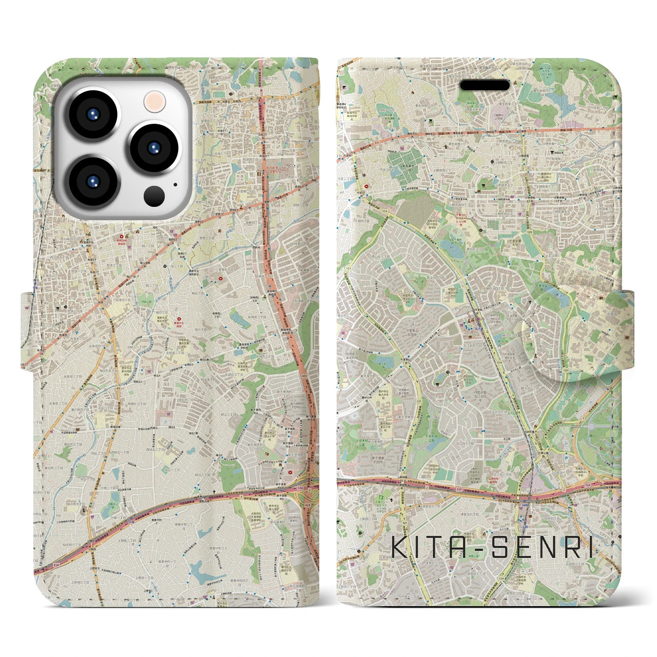 【北千里】地図柄iPhoneケース（手帳両面タイプ・ナチュラル）iPhone 13 Pro 用