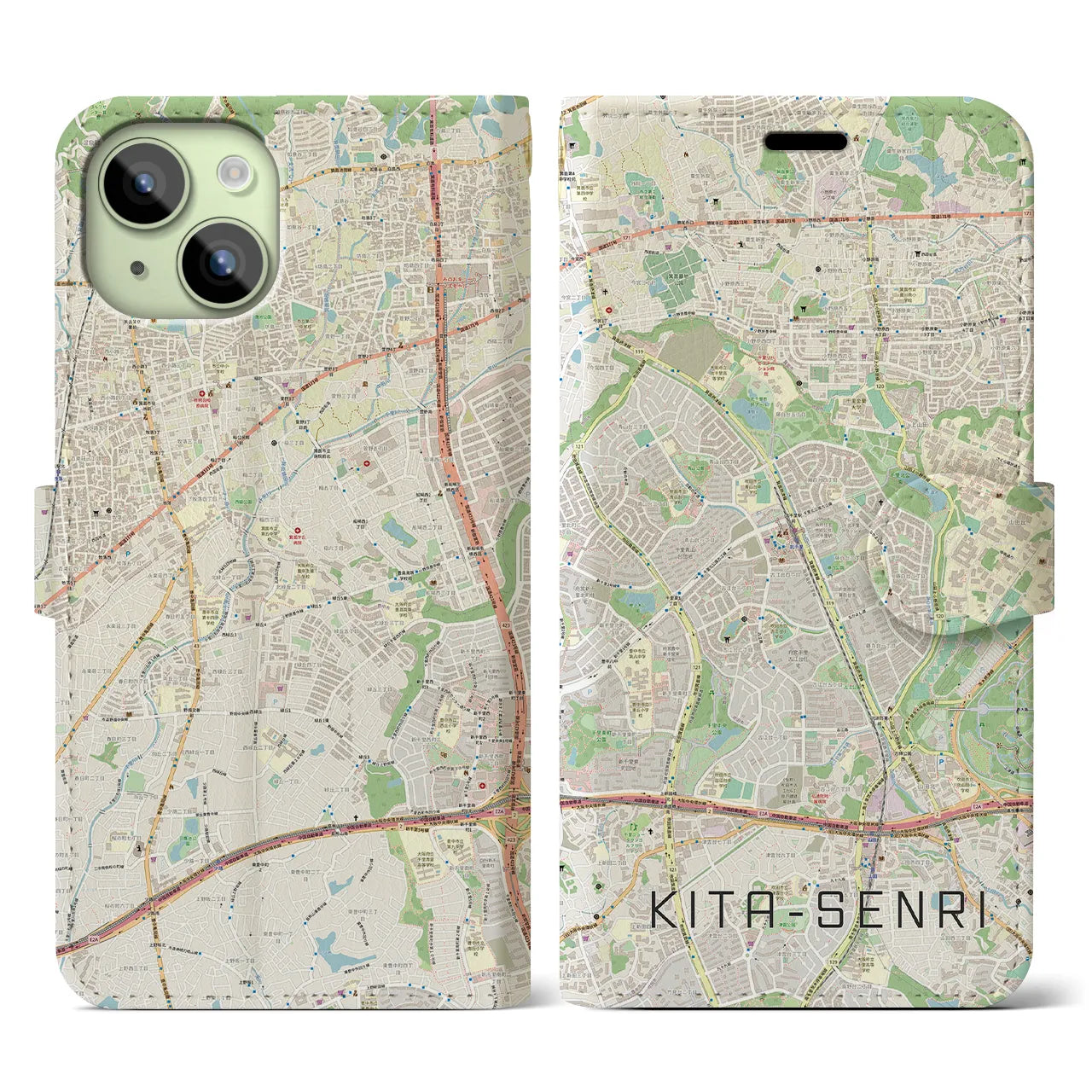 【北千里】地図柄iPhoneケース（手帳両面タイプ・ナチュラル）iPhone 15 用
