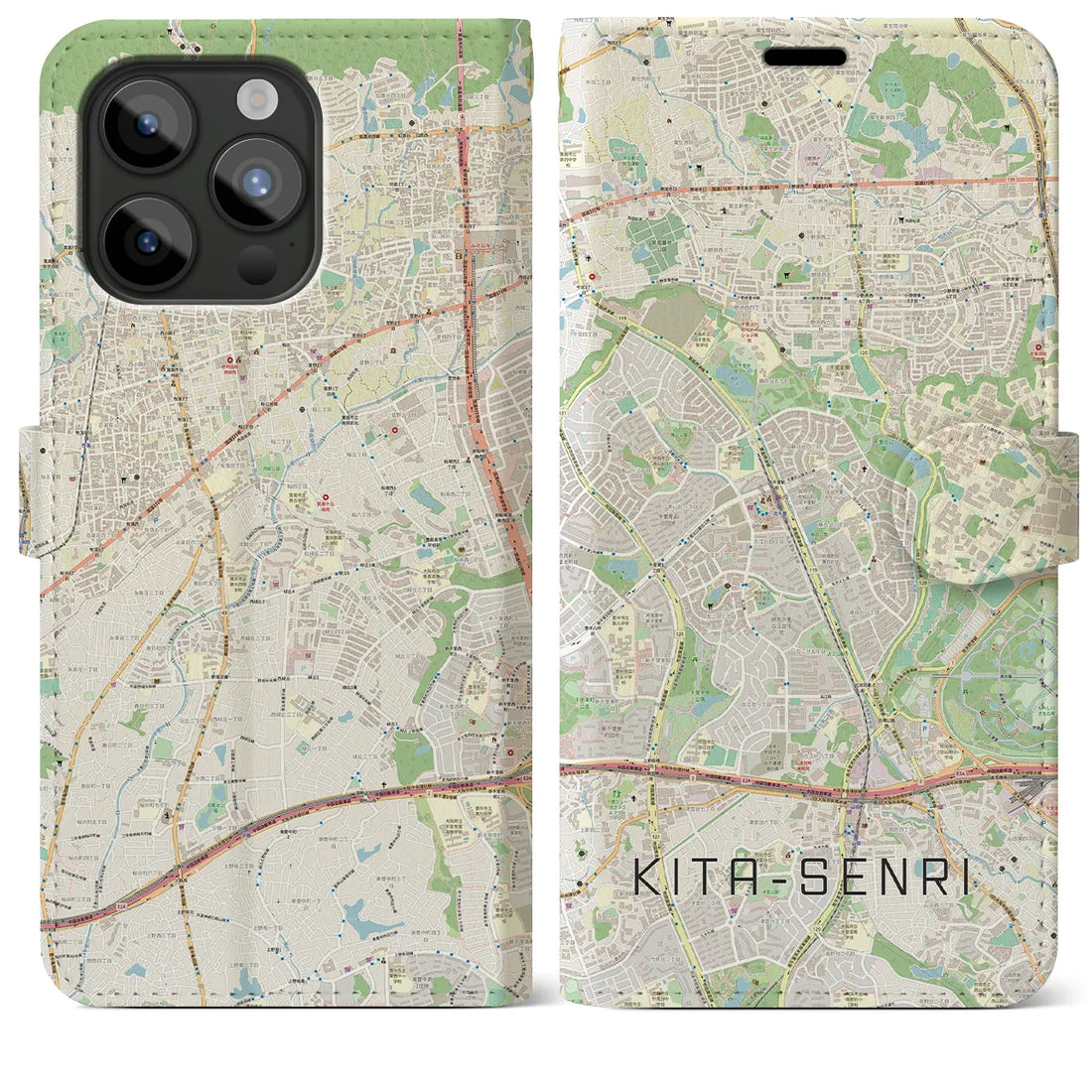 【北千里】地図柄iPhoneケース（手帳両面タイプ・ナチュラル）iPhone 15 Pro Max 用