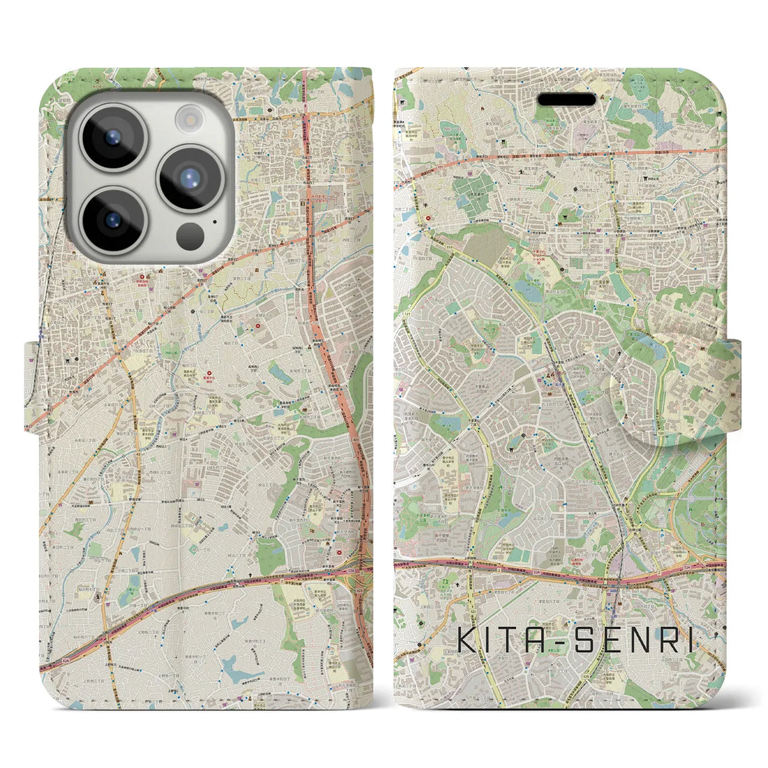 【北千里】地図柄iPhoneケース（手帳両面タイプ・ナチュラル）iPhone 15 Pro 用