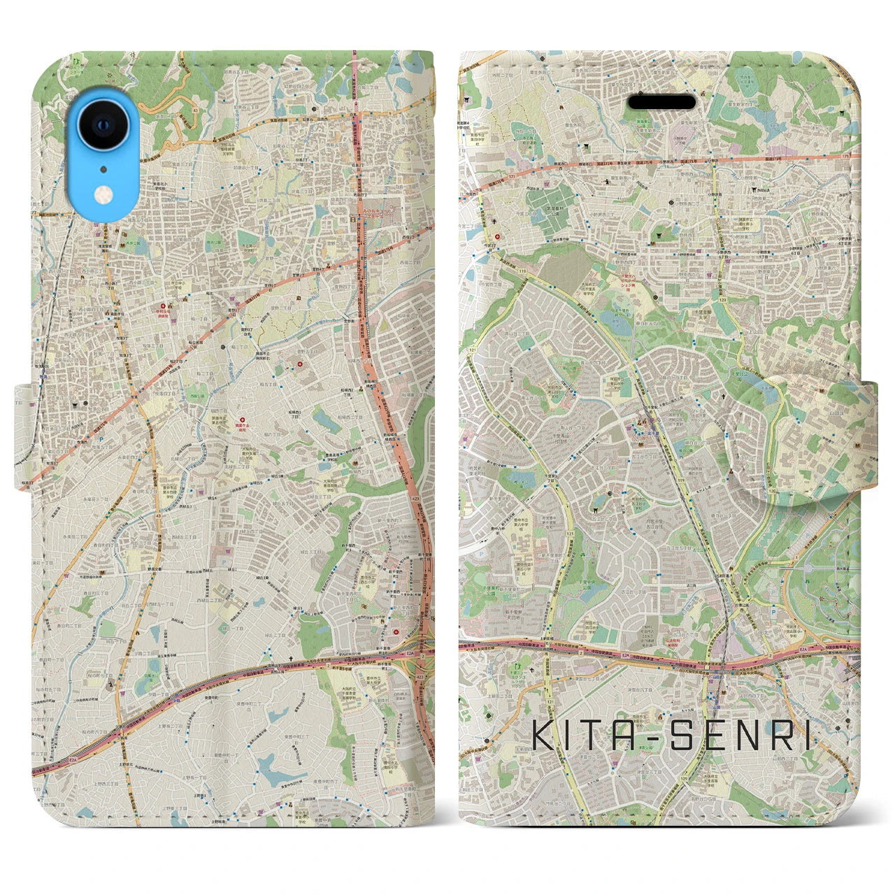 【北千里】地図柄iPhoneケース（手帳両面タイプ・ナチュラル）iPhone XR 用